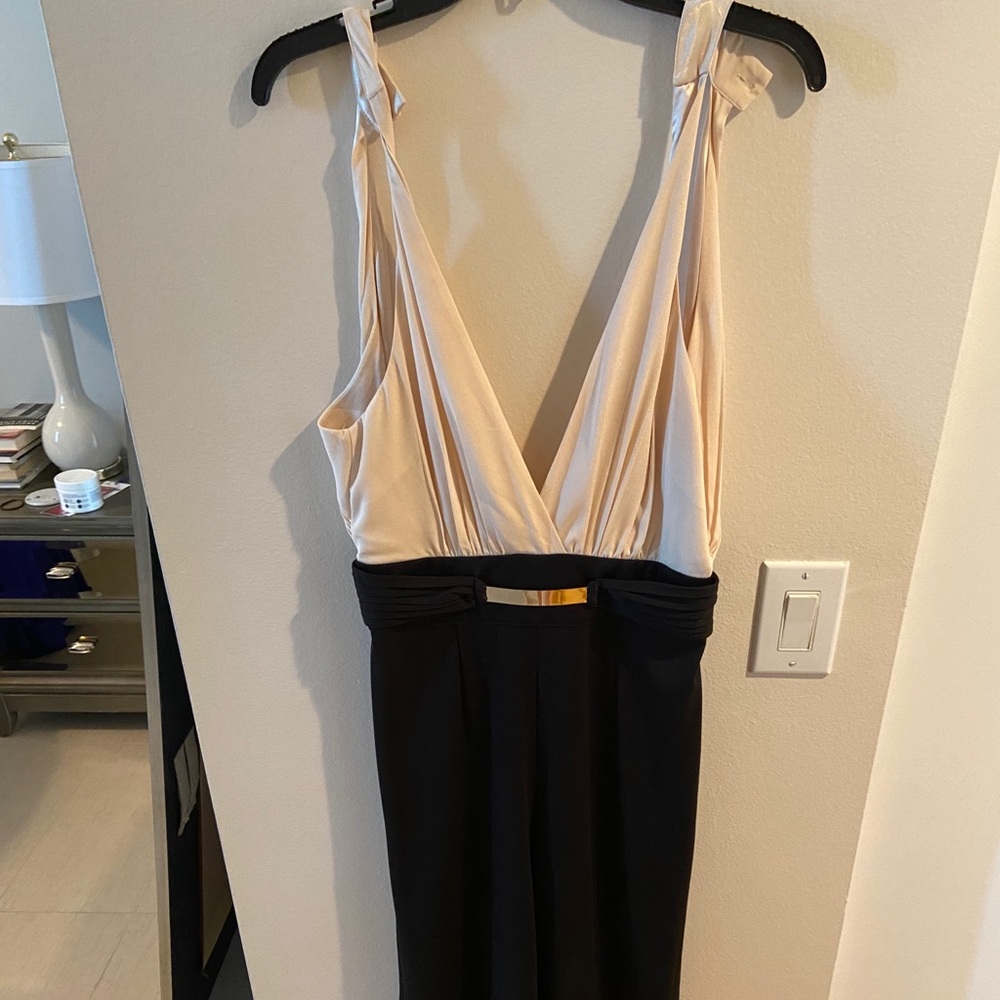 Bebe Blush and Black Plunge Neck Jumpsuit